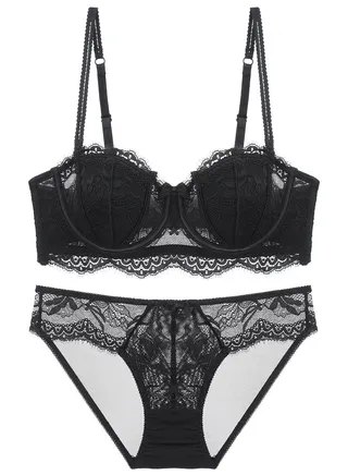 Solid Color 1/2 Cup Thin Cup Lace Bra Panty Set Black 