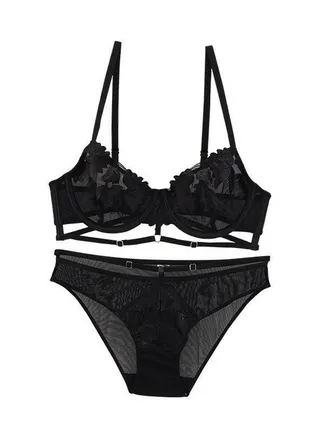 Solid Color Lace Embroidered Ultra Thin Cup Bra Panty Set Black 