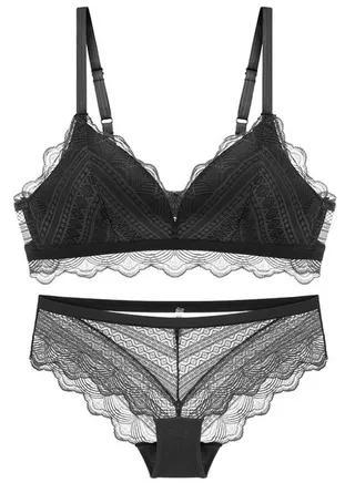 Breathable Triangle Thin cup Lace Bra And Panty Set Black 