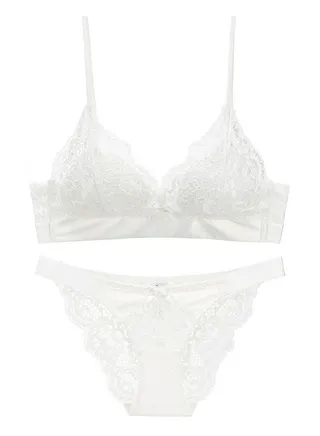 Breathable Triangle Thin Cup Lace Bra And Panty Set White 