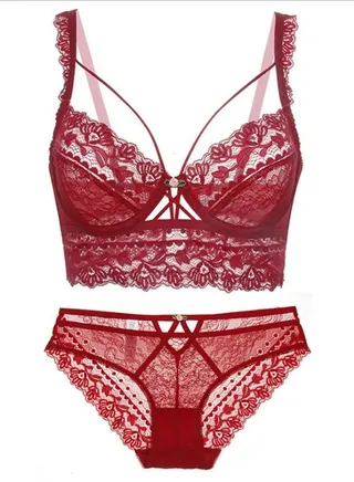 Solid Color Ultra Thin Lace Embroidered Bra And Panty Set Red 
