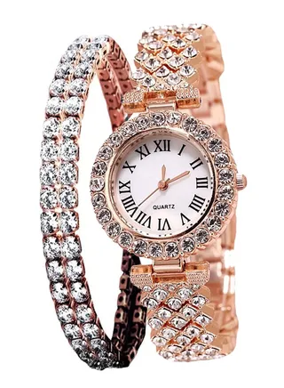 Women Luxury Watches, 2 Pcs Lady Watches with Bracelet Set, Analogue Quartz Diamond Watches with Stainless Steel Strap, Lady Rhinestone Wrist Watch+Jewelry Cuff Bracelet Set 