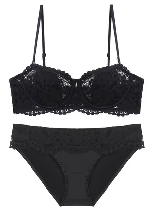 Breathable Thin Cup 1/2 Cup Lace Bra And Panty Set Black 
