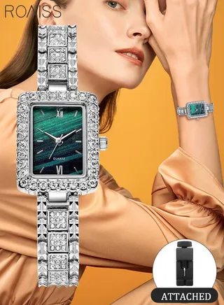 Women's Alloy Strap Quartz Watch Analog Display Rectangle Dial Decorated with Rhinestones Waterproof Luxurious Wristwatch as Gift for Ladies, Silver 