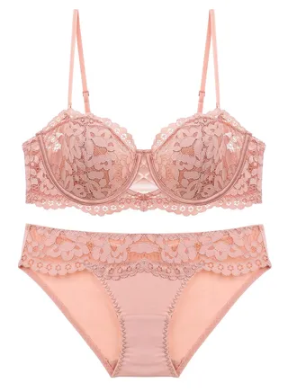 Breathable Thin Cup 1/2 Cup Lace Bra And Panty Set Rose Pink 