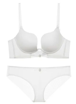 Solid Color U Style Seamless Bra Panty Set White 