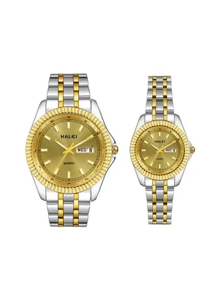 HALEI Luxury 2-Piece Couple Watches Gold-Silver Tone Stainless Steel Quartz Calendar Wristwatch Rhinestone His and Her Watch Set 