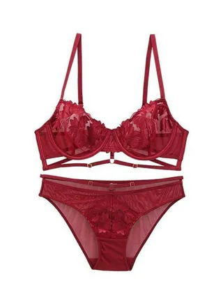Solid Color Lace Embroidered Ultra Thin Cup Bra Panty Set Dark Red 