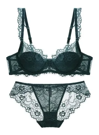 Solid Color Thin Cup Lace Bra Panty Set Dark Green 