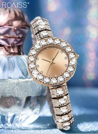 Women's Bracelet Quartz Watch, Analog Display Round Dial Watch with Full Rhinestones Decoration, Waterproof Luxurious Watch as Gift for Women 