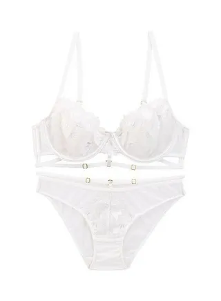Solid Color Lace Embroidered Ultra Thin Cup Bra Panty Set White 