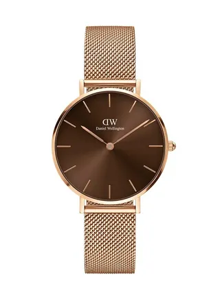 Daniel Wellington Petite Amber Brown Women's Watch 32mm Dial with Rose Gold Stainless Steel Mesh Strap DW00100477 