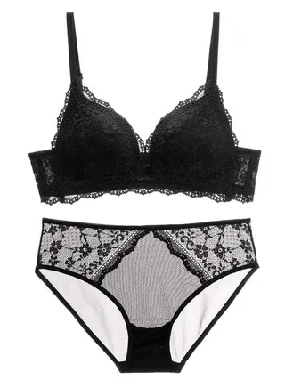 Breathable Triangle Thin Cup Lace Bra And Panty Set Black 