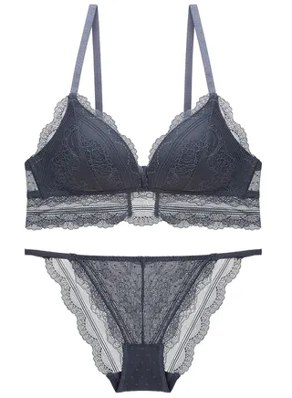 Breathable Triangle Thin Cup Lace Bra And Panty Set Dark Blue 