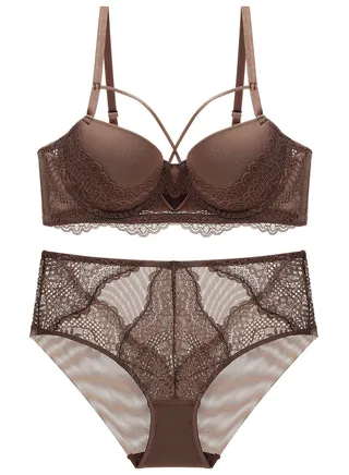 Breathable And Comfy Lace Bra Panty Set Brown 