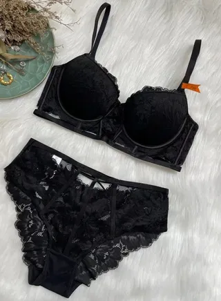 Breathable Thin Cup Embroidered Lace Bra And Panty Set Black 