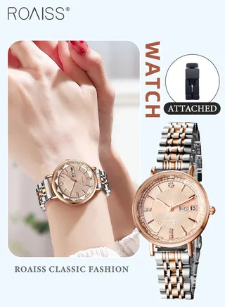 Women's Steel Strap Quartz Watch Analog Display Round Dial with Zirconium Diamonds Decoration and Rhombus Cut Design Waterproof Luminous Luxurious Wristwatch as Gift for Ladies 