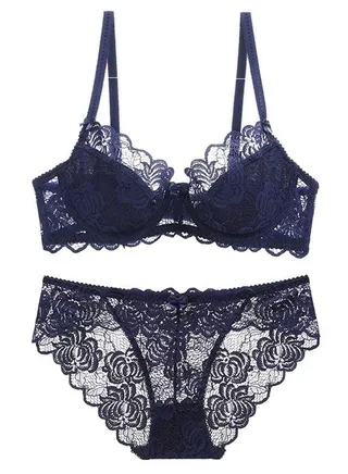 Solid Color Ultra Thin Cup Unpadded Lace Bra Panty Set Dark Blue 