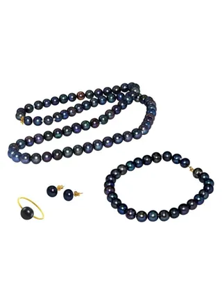 10 Karat Gold Black Pearl Strand Jewelry Set 