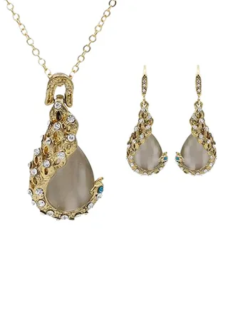 Rhinestone Studded Opal Waterdrop Pendant Necklace And Drop Earrings Set 