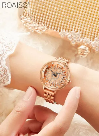 Women's Steel Strap Quartz Watch Analog Display Round Dial Watch with 360 Degree Rotating Firework Pattern Waterproof Unique Wristwatch as Gift for Women 