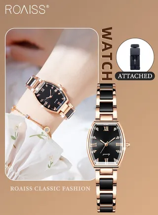 Women's Quartz Watch with Ceramic Strap, Analog Display Barrel-Shaped Dial with Zirconium Diamonds Decoration, Waterproof Luxurious Wristwatch as Gift for Ladies 