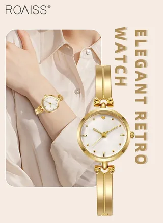 Women's Gold Bracelet Quartz Watch, Analog Display Round White Dial Watch, Waterproof Retro Watch as Gift for Women 