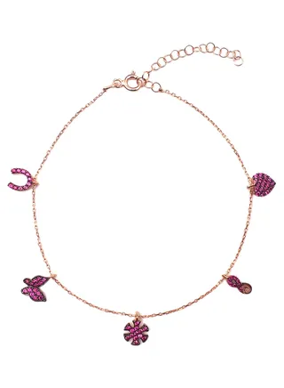Rose Gold Plated Silver Multiple Charms Anklet With Zircon 