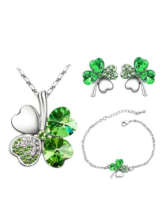 Austrian Crystal Floating Heart Pendant 4 Leaf Leaves Necklace And Earrings Set 