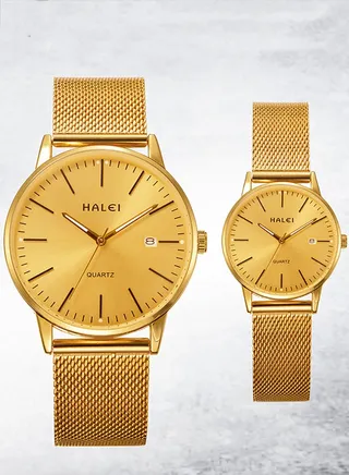 HALEI 2-Peice Luxury Couple Watches Gold Tone Stainless Steel Quartz Calendar Wristwatch Rhinestone His and Her Watch Set with Calendar 