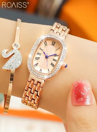 Women's Steel Strap Digital Watch, Round Dial Touchscreen Watch with Rhinestone-set Bezel, Waterproof LED Watch as Gift for Women 