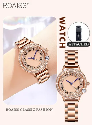 Women's Steel Strap Quartz Watch Analog Display Round Dial with Zirconium Diamonds Decoration and Roman Scale Waterproof Luxurious Wristwatch as Gift for Ladies 