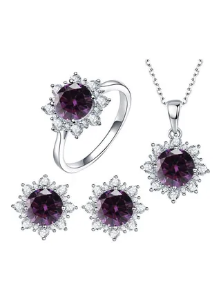 Cubic Zirconia Snowflake Pendant Necklace Stud Earrings Ring Jewelry Set 