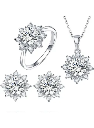 Cubic Zirconia Snowflake Pendant Necklace Stud Earrings Ring Jewelry Set 