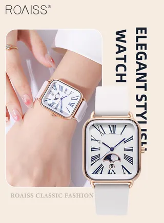 Women's Silicone Strap Quartz Watch, Analog Display Rectangle Dial with Moon Phase, Waterproof Luxurious Fashion Wristwatch as Gift for Ladies 