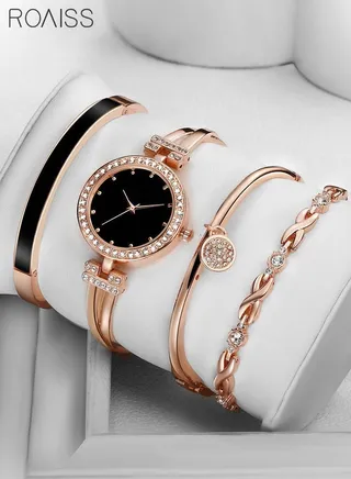 Elegant Rose Gold Watch and Bracelet Set for Women - Glitter Crystal Stainless Steel Wrist Watch with 3 Bracelets - Black 