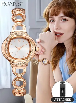 Women's Bracelet Quartz Watch with Analog Display Round White Dial and Cross Design Bezel Set with Rhinestones Waterproof Elegant Wristwatch as Gift for Ladies 