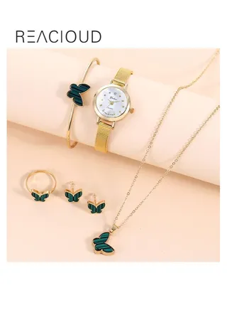 Womens Stainless Steel Analog Watch With Bracelet/Ring/Necklace/Earrings 