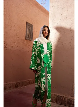 Green Tropical Patterned Long Woven Kimono & Kaftan & Abaya 