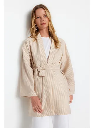 Stone Belted Woven Seeer Striped Kimono & Kaftan TCTSS23KK00001 