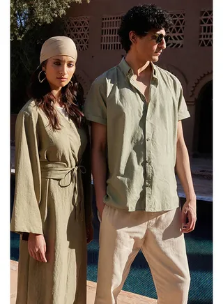 Khaki Waist Tie Detail Linen Look Woven Kimono & Kaftan 
