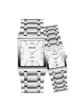HALEI 2-Piece Luxury Couple Watches Silver Tone Stainless Steel Quartz Calendar Wristwatch Rhinestone His and Her Watch Set 
