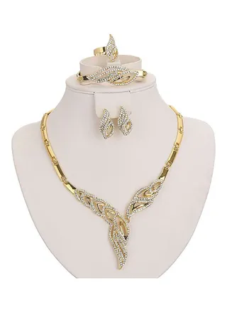 Set Of 4 Crystal Gold Plated Bridal Necklace Jewellery 