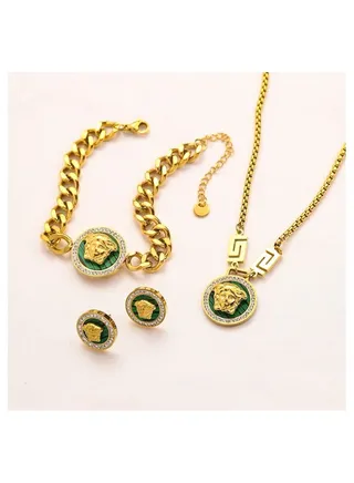 Gold Plated Stainless Steel Luxury Inspired Necklace Earrings Beauty Head Designer Jewelry Set for Women 