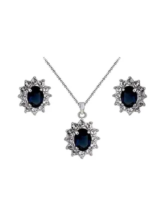 18 Carat White Gold Plated Sapphire And Cubic Zirconia Studded Necklace And Earrings Set 