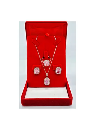 925 Silver Pink Zirconia Snowflake Pendant Necklace Stud Earrings Ring Jewelry Set 