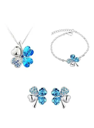 Austrian Crystal Floating Heart Pendant 4 Leaf Leaves Necklace And Earrings Set 