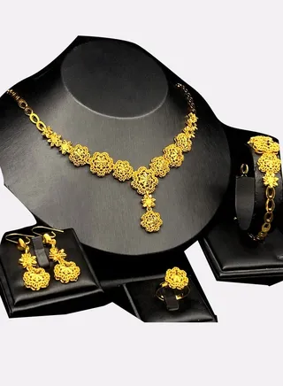 Gold Color Long Chain Necklace Rings Bracelets Earrings Set for Lady Wedding Bridal Copper Jewelry Set Party Gifts 