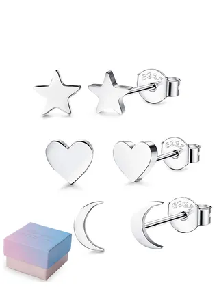 925 Sterling Silver Stud Earrings Set Hypoallergenic Sterling Silver Earrings For Women Girls Tiny Moon Star Heart Stud Earring 3 Pairs Different Sizes 925 Silver Earring Studs with Box 