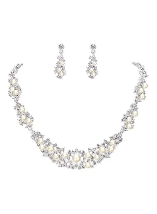 Bohemian Crystal Cream Simulated Pearl Cluster Collar Necklace Dangle Earrings Set 